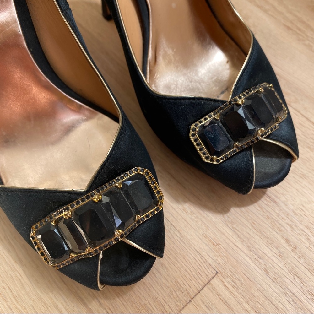 Black Satin Peep Toe Jeweled Badgley Mischka Heels
